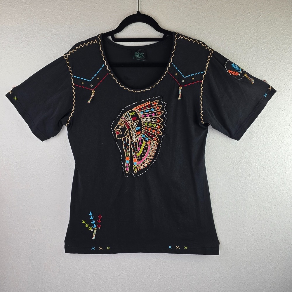 Sassy Lrg Black‎ Embellished Native American Chief Boho Western Blouse Graphic
